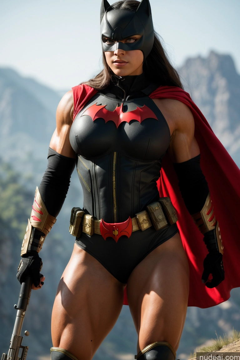 Batwoman Regal Cosplay Muscular Abs Busty Small Tits Neon Lights Clothes: Red Battlefield Bodybuilder