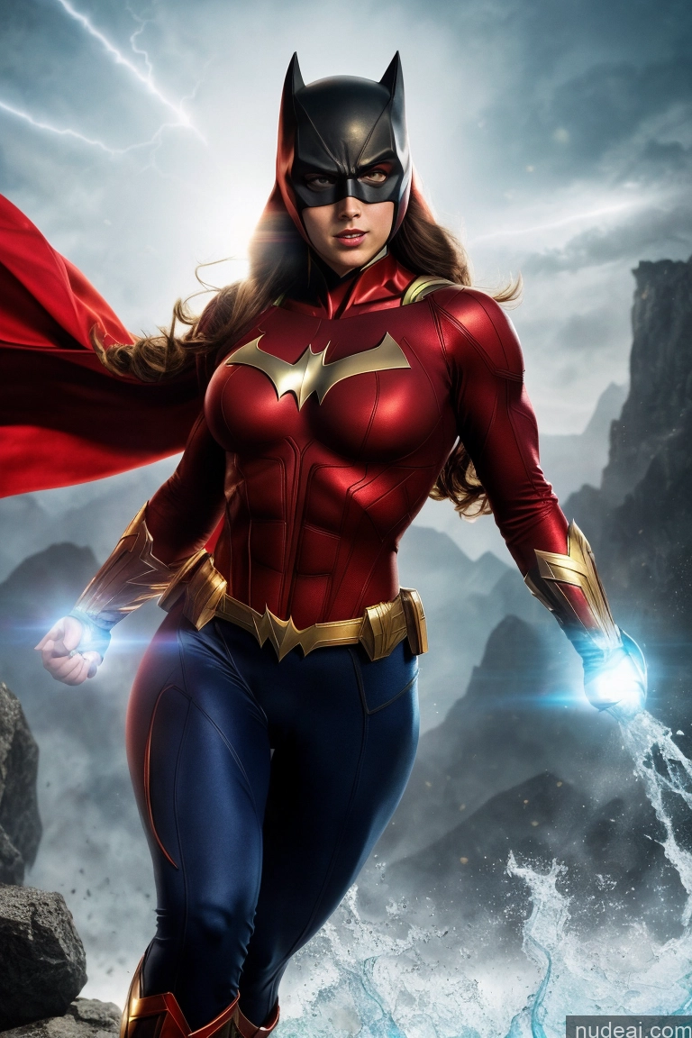 ai nude image of araffe woman in a red cape and blue outfit standing on a rock pics of Batwoman Busty Muscular Powering Up Mary Thunderbolt