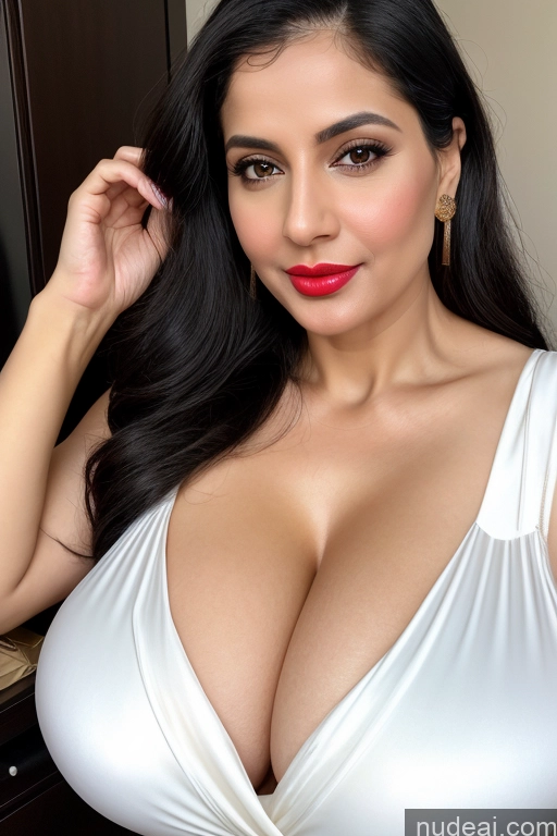 ai nude image of araffed woman in a white dress posing for a picture pics of Woman One Huge Boobs Beautiful Lipstick Fairer Skin 40s Black Hair Slicked Close-up View Cleavage Simple Sari White