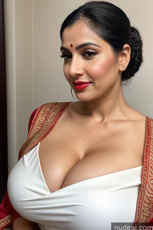 ai nude image of araffe woman in a white top with a red shawl pics of Woman One Huge Boobs Beautiful Lipstick Fairer Skin 40s Black Hair Slicked Close-up View Cleavage Simple Sari White