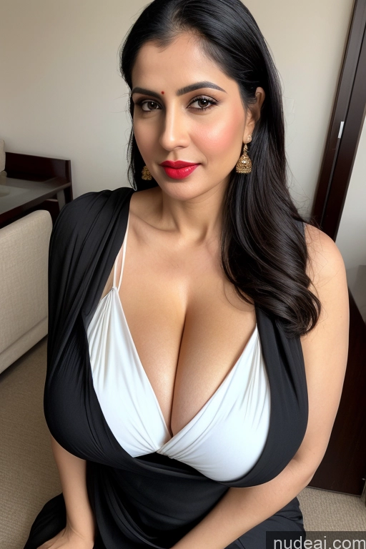 related ai porn images free for Woman One Huge Boobs Beautiful Lipstick Fairer Skin 40s Black Hair Cleavage Simple Sari White Slicked Front View