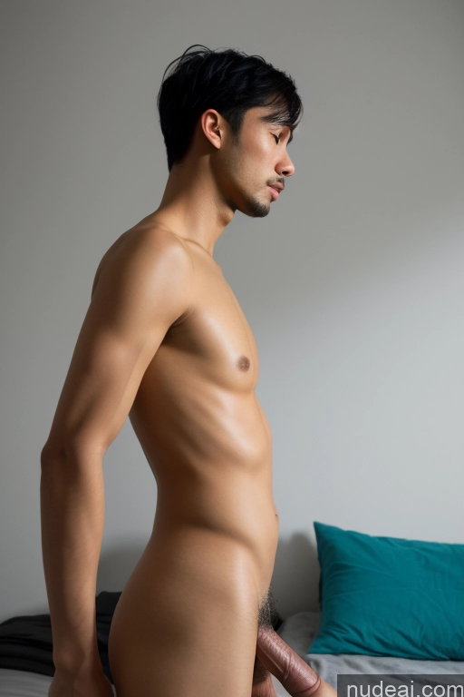 ai nude image of arafed man with a big dille on his butt standing in a bedroom pics of Woman Small Tits Skinny Short Handsome Man Penis Excessive Pubic Hair 30s Black Hair Vietnamese Bedroom Fellatio (Side View)