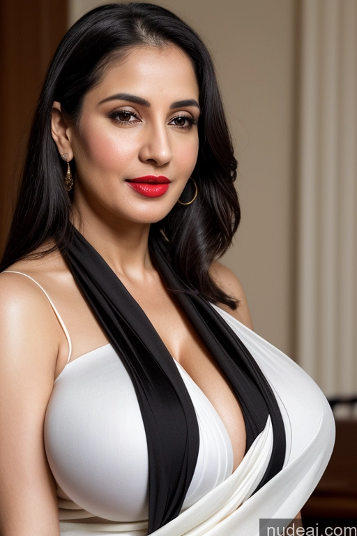 ai nude image of araffe woman in a white dress with a black and white top pics of Woman One Huge Boobs Beautiful Lipstick Fairer Skin 40s Black Hair Slicked White Sari Cleavage Simple Close-up View