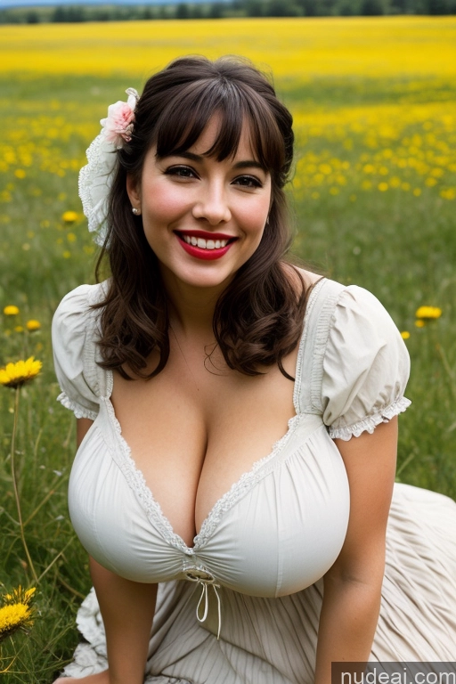 ai nude image of arafed woman in a white dress sitting in a field of flowers pics of One Huge Boobs Perfect Boobs Beautiful Lipstick 40s Happy Laughing Black Hair Bangs Latina Film Photo Meadow Victorian Cleavage Model Dress