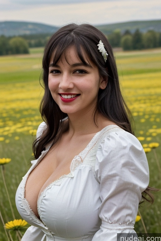 ai nude image of there is a woman in a white dress posing for a picture pics of One Huge Boobs Perfect Boobs Beautiful Lipstick 40s Happy Laughing Black Hair Bangs Latina Film Photo Meadow Victorian Cleavage Model Dress