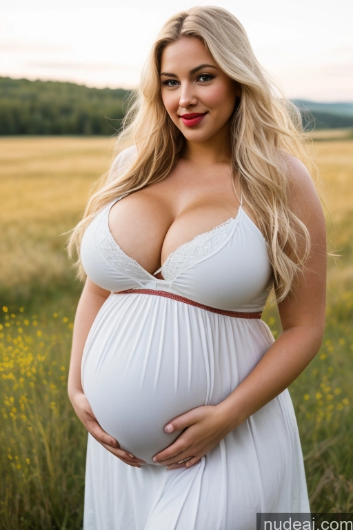 ai nude image of pregnant woman in white dress standing in field with yellow flowers pics of One Huge Boobs Beautiful Lipstick Big Hips Chubby 30s Long Hair Film Photo Pearl Jewelry Bright Lighting Thick Model Pouting Lips Scandinavian Meadow Dress Dirndl Western Partially Nude Cleavage Happy Pregnant