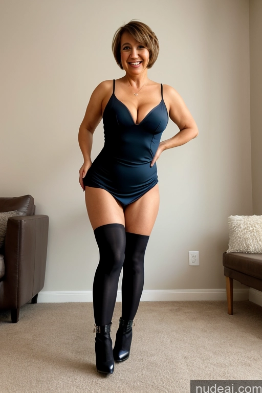 ai nude image of there is a woman in a black dress and stockings posing for a picture pics of Milf Small Tits Small Ass Thick Big Hips Short Happy Pixie T-pose Dress High Heels Pantyhose Cleavage Boots 30s