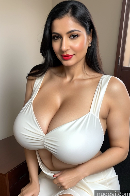 ai nude image of araffed woman in a white dress posing for a picture pics of Woman One Huge Boobs Beautiful Lipstick Fairer Skin 40s Black Hair Slicked White Close-up View Sari Cleavage Simple