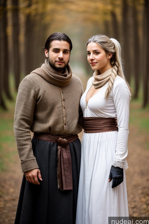 ai nude image of there is a man and woman dressed in medieval clothing standing together pics of Woman + Man Small Tits Pubic Hair 20s White Hair Ponytail German Dark Fantasy Partially Nude Dress Gloves Long Skirt Medieval Scarf Traditional