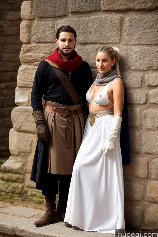 ai nude image of arafed man and woman in medieval costumes standing next to a stone wall pics of Woman + Man Small Tits Pubic Hair 20s White Hair Ponytail German Dark Fantasy Partially Nude Dress Gloves Long Skirt Medieval Scarf Traditional