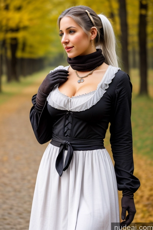 ai nude image of there is a woman in a dress and gloves posing for a picture pics of Woman Small Tits Pubic Hair 20s White Hair Ponytail German Dark Fantasy Close-up View Dirndl Dress Gloves Long Skirt Medieval Scarf Traditional Partially Nude