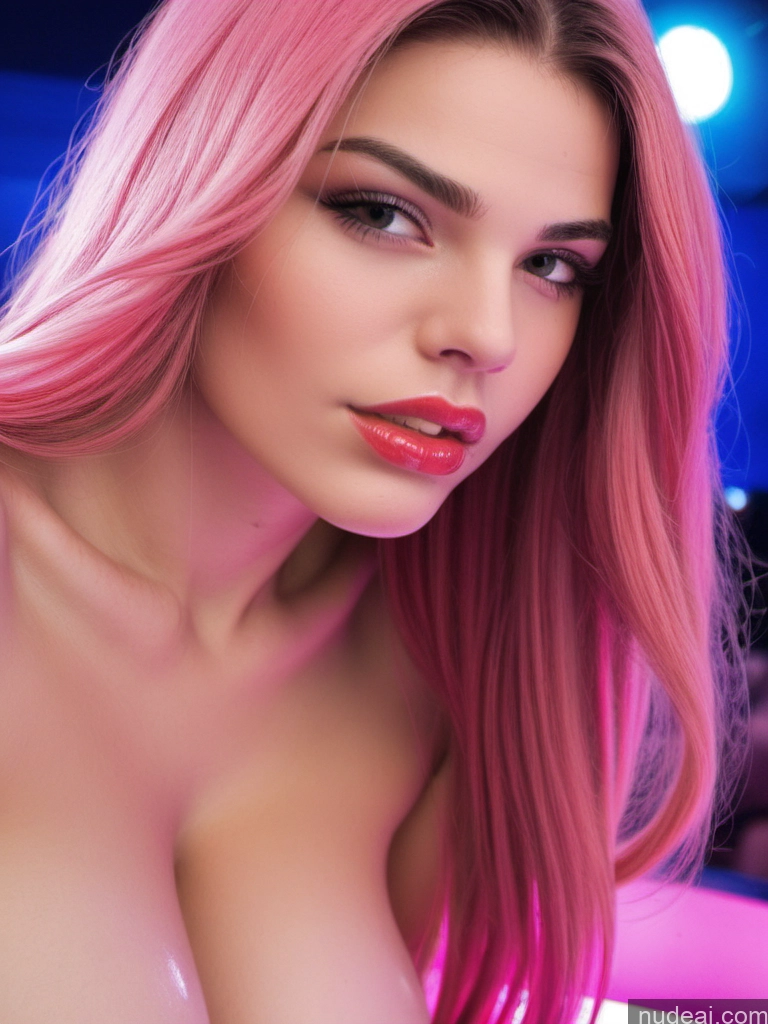 ai nude image of a close up of a woman with pink hair and a pink dress pics of Woman One Busty Perfect Boobs Lipstick Skinny Abs Tall Perfect Body 18 Orgasm Pouting Lips Pink Hair Long Hair German Strip Club Nude