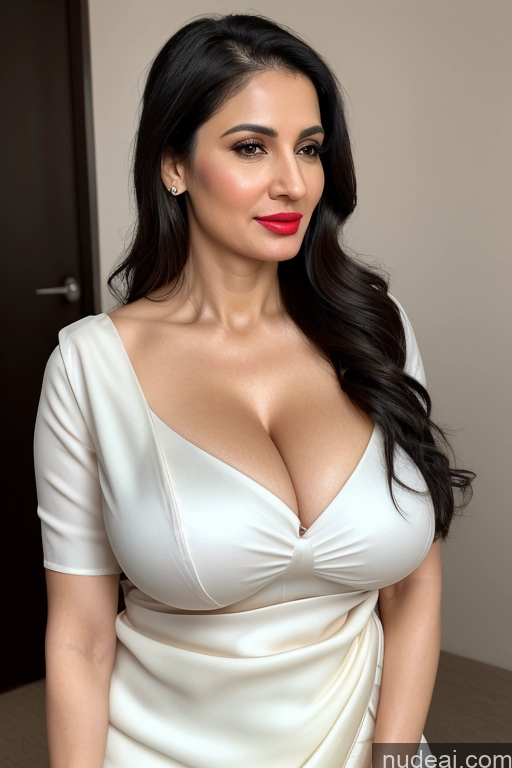 ai nude image of araffed woman in a white dress posing for a picture pics of Woman One Huge Boobs Beautiful Lipstick Fairer Skin 40s Black Hair Slicked White Close-up View Sari Cleavage Simple