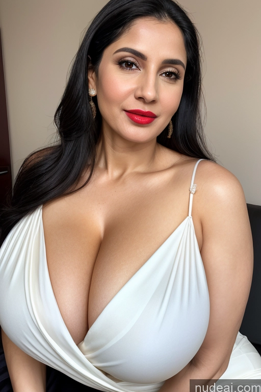 ai nude image of araffe woman in a white dress posing for a picture pics of Woman One Huge Boobs Beautiful Lipstick Fairer Skin 40s Black Hair Slicked White Close-up View Sari Cleavage Simple