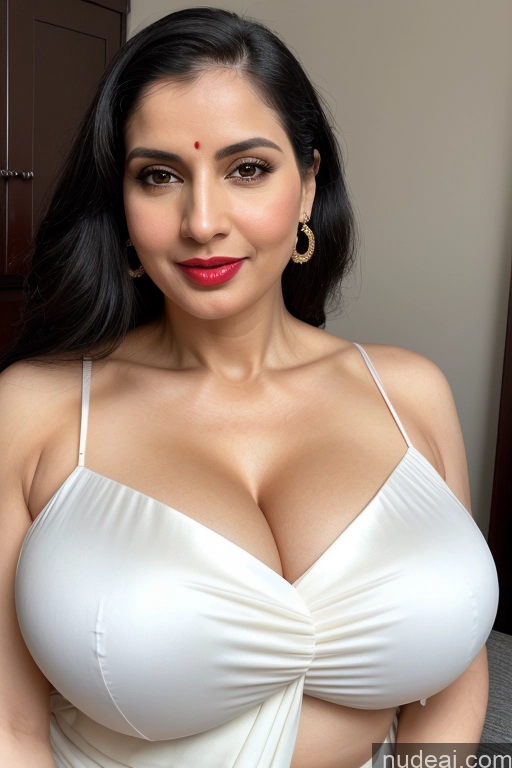 ai nude image of araffed woman in a white dress posing for a picture pics of Woman One Huge Boobs Beautiful Lipstick Fairer Skin 40s Black Hair Slicked White Sari Cleavage Simple Close-up View