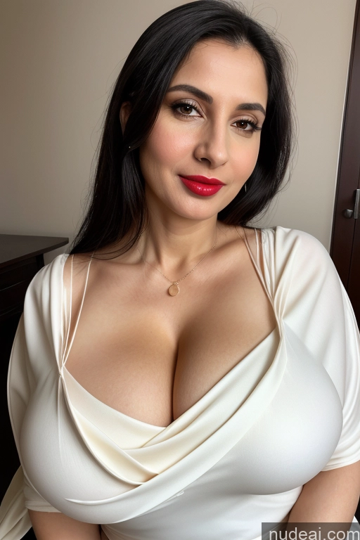 ai nude image of arafed woman in a white dress posing for a picture pics of Woman One Huge Boobs Beautiful Lipstick Fairer Skin 40s Black Hair Slicked White Sari Cleavage Simple Close-up View