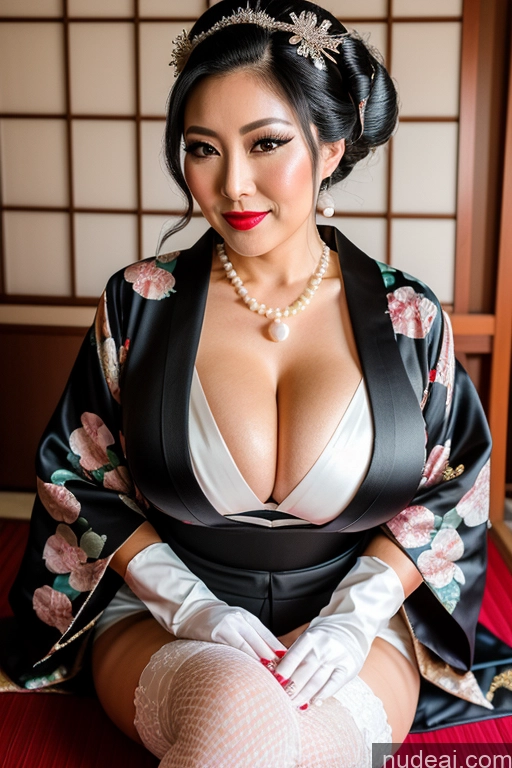 ai nude image of araffe woman in a kimono sitting on a red carpet pics of Milf Busty Perfect Boobs Lipstick Perfect Body Black Hair Hair Bun Onsen Gloves Kimono Wedding Thigh Socks Pearl Jewelry Jewelry 30s Geisha