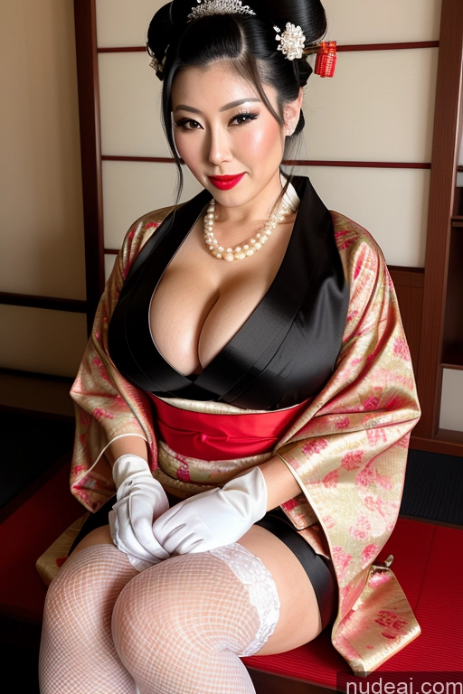 ai nude image of araffe woman in a kimono sitting on a bench wearing a black and red outfit pics of Milf Busty Perfect Boobs Lipstick Perfect Body Black Hair Hair Bun Onsen Gloves Kimono Wedding Thigh Socks Pearl Jewelry Jewelry 30s Geisha Japanese