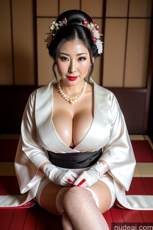 ai nude image of araffe woman in a kimono sitting on a red and white mat pics of Milf Busty Perfect Boobs Lipstick Perfect Body Black Hair Hair Bun Onsen Gloves Kimono Wedding Thigh Socks Pearl Jewelry Jewelry 30s Geisha Japanese