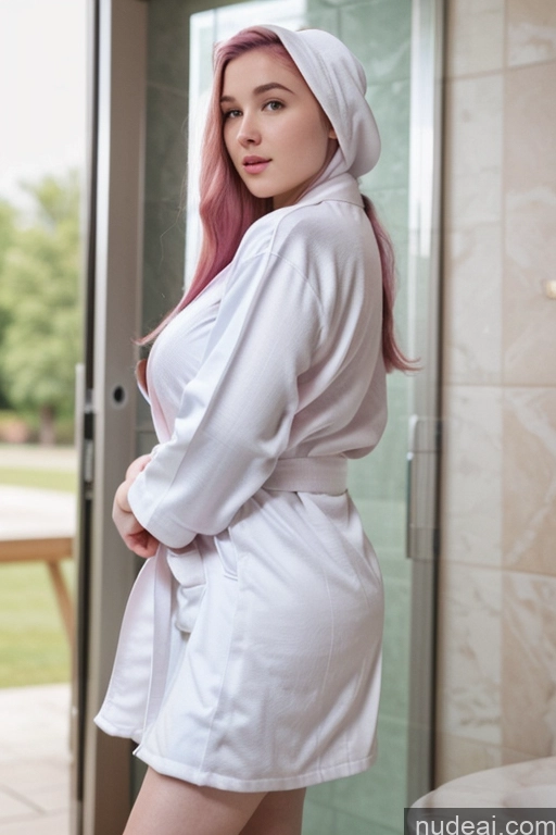 ai nude image of there is a woman in a robe standing in a bathroom pics of Huge Boobs Beautiful Big Ass Big Hips Fairer Skin 18 Pink Hair Long Hair White Bathrobe Sexy Face Bending Over