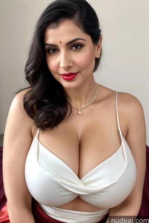 ai nude image of araffed woman in a white top and red skirt posing for a picture pics of Woman One Huge Boobs Beautiful Lipstick Fairer Skin 40s Black Hair Slicked White Close-up View Cleavage Simple Sari