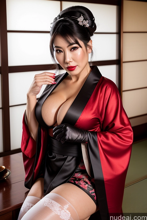 ai nude image of there is a woman in a kimono robe posing for a picture pics of Milf Busty Perfect Boobs Lipstick Perfect Body Black Hair Hair Bun Onsen Gloves Kimono Wedding Thigh Socks Pearl Jewelry Jewelry Geisha Japanese Transparent 40s