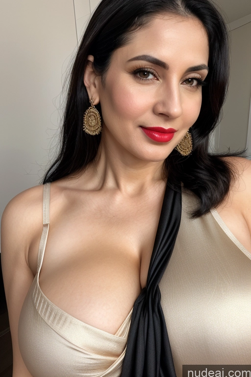 ai nude image of araffed woman in a gold dress with a black tie pics of One Woman Huge Boobs Beautiful Lipstick Fairer Skin 40s Black Hair Slicked White Close-up View Sari Cleavage Simple