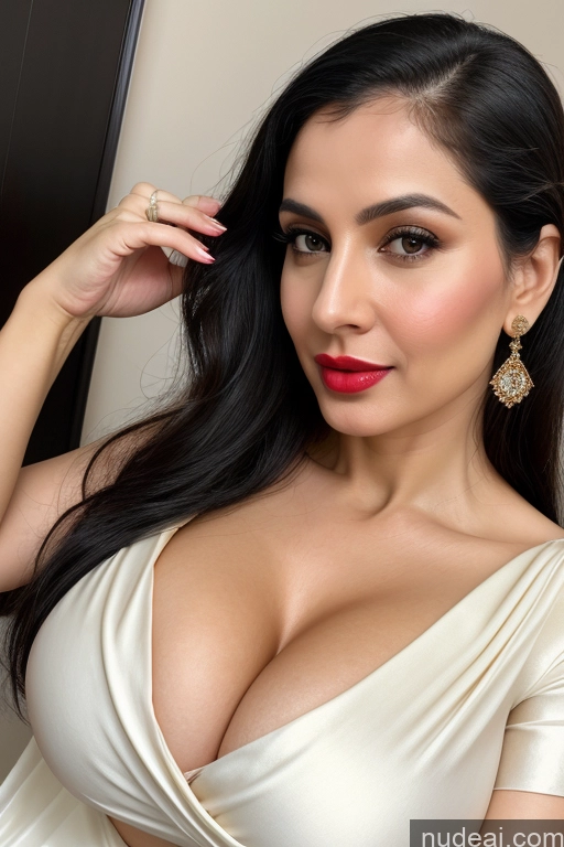 ai nude image of araffed woman in a white dress posing for a picture pics of Woman One Huge Boobs Beautiful Lipstick Fairer Skin 40s Black Hair Slicked White Close-up View Sari Cleavage Simple