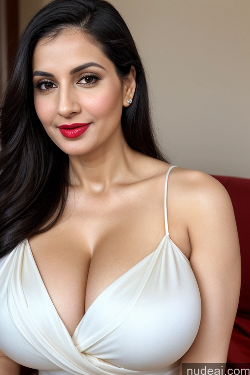 ai nude image of araffed woman in a white dress posing for a picture pics of One Woman Huge Boobs Beautiful Lipstick Fairer Skin 40s Black Hair Slicked White Close-up View Sari Cleavage Simple