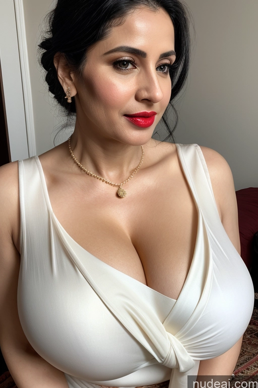 ai nude image of araffed woman in a white dress with a red lip pics of Woman One Huge Boobs Beautiful Lipstick Fairer Skin 40s Black Hair Slicked White Close-up View Sari Cleavage Simple