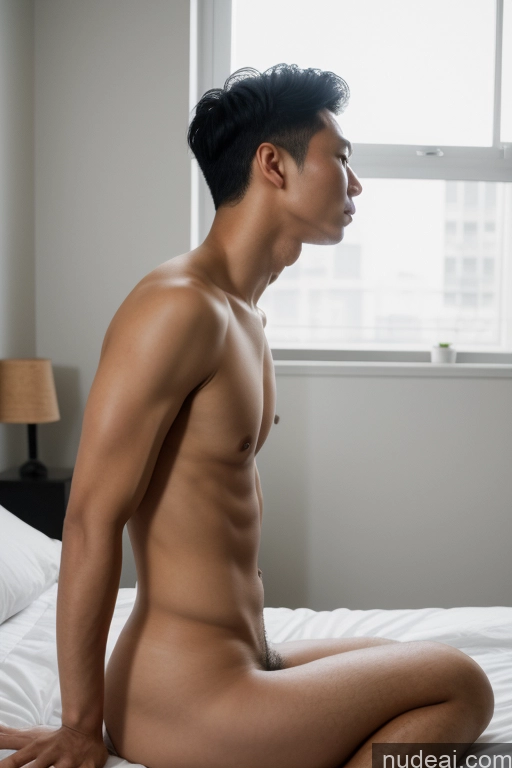 ai nude image of arafed asian man sitting on a bed with his bare stomach pics of Woman Small Tits Skinny Short Handsome Man Penis Excessive Pubic Hair 30s Black Hair Vietnamese Bedroom Fellatio (Side View)