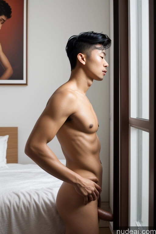 ai nude image of there is a man standing in a bedroom with a white bed pics of Woman Small Tits Skinny Short Handsome Man Penis Excessive Pubic Hair 30s Black Hair Vietnamese Bedroom Fellatio (Side View)