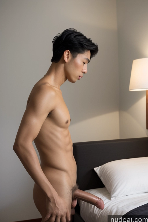 ai nude image of there is a man standing next to a bed with a big cock pics of Woman Small Tits Skinny Short Handsome Man Penis Excessive Pubic Hair 30s Black Hair Vietnamese Bedroom Fellatio (Side View)