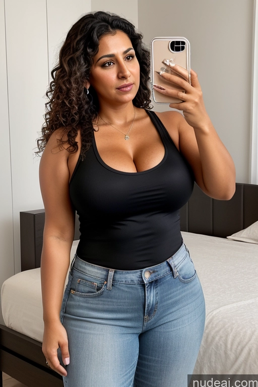 ai nude image of there is a woman taking a selfie in a bedroom pics of Big Hips Tanned Skin Brunette Curly Hair Arabic One Detailed Busty Tank Top Bedroom Mirror Selfie Cleavage Sad 40s Jeans