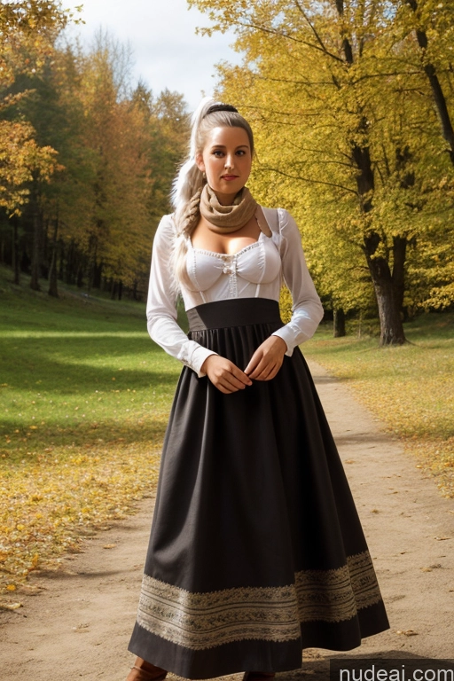 ai nude image of woman in a black and white dress standing in a park pics of Woman Small Tits Pubic Hair 20s White Hair Ponytail German Dark Fantasy Dirndl Dress Long Skirt Medieval Scarf Traditional Partially Nude