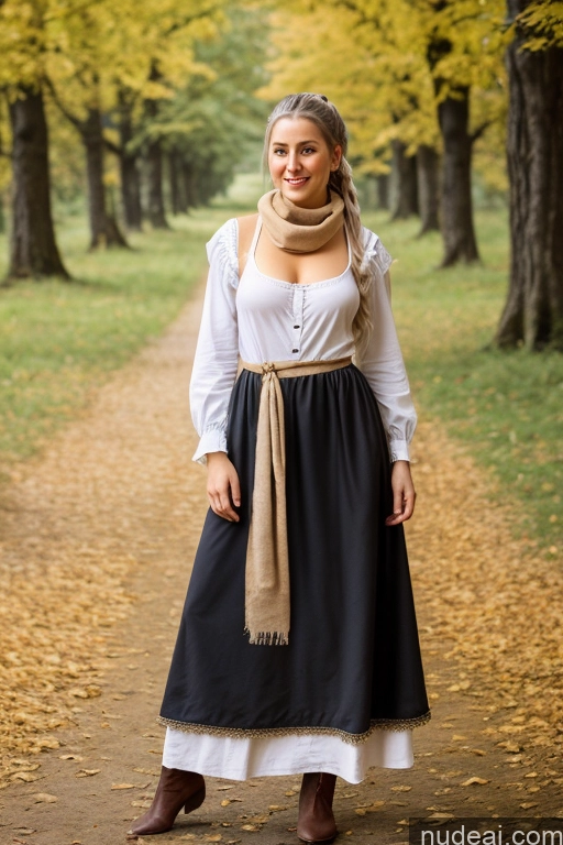 ai nude image of arafed woman in a long skirt and scarf standing on a path pics of Woman Small Tits Pubic Hair 20s White Hair Ponytail German Dark Fantasy Dirndl Dress Long Skirt Medieval Scarf Traditional Partially Nude