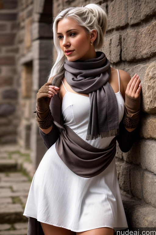 ai nude image of blond woman in white dress and scarf leaning against a brick wall pics of Woman Small Tits Pubic Hair 20s White Hair Ponytail German Dark Fantasy Dress Long Skirt Medieval Scarf Traditional Gloves Partially Nude