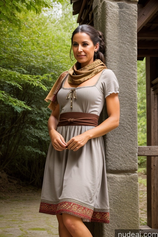 ai nude image of arafed woman in a gray dress and scarf standing in front of a stone building pics of Woman Small Tits Pubic Hair Ponytail Dark Fantasy Front View Dirndl Dress Medieval Long Skirt Scarf Traditional Partially Nude 60s Spanish Brunette