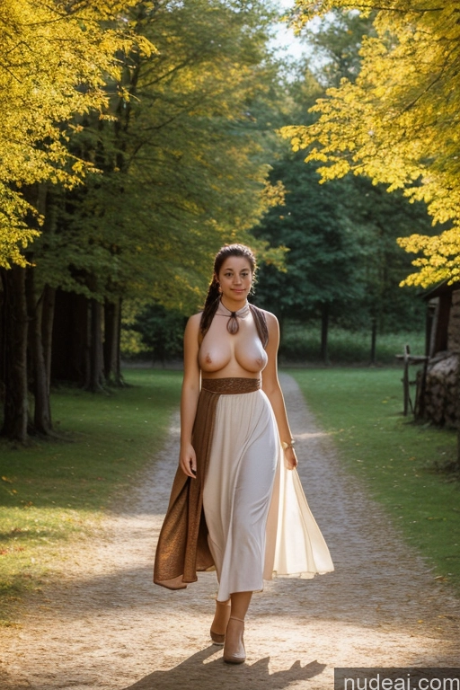 ai nude image of araffe woman walking down a path in a dress and sandals pics of Woman Small Tits Pubic Hair 30s Brunette Ponytail British Dark Fantasy Front View Dirndl Dress Long Skirt Medieval Scarf Traditional Partially Nude Topless Bright Lighting