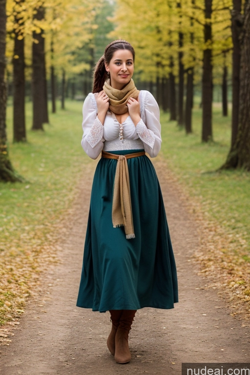 ai nude image of arafed woman in a green skirt and white shirt standing on a path pics of Woman Small Tits Pubic Hair 30s Brunette Ponytail British Dark Fantasy Front View Dirndl Dress Long Skirt Medieval Scarf Traditional Partially Nude Topless Bright Lighting