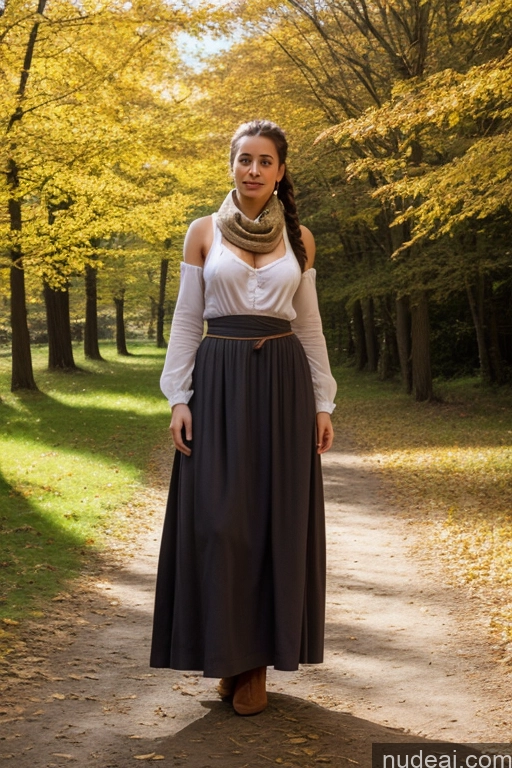 ai nude image of arafed woman in a long skirt and a scarf standing on a path pics of Woman Small Tits Pubic Hair 30s Brunette Ponytail British Dark Fantasy Front View Dirndl Dress Long Skirt Medieval Scarf Traditional Partially Nude Topless Bright Lighting