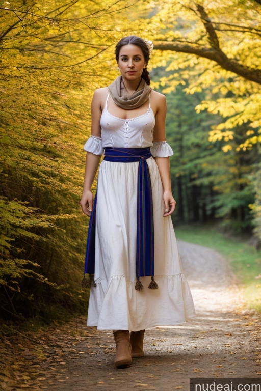 ai nude image of arafed woman in a white dress and blue belt walking down a path pics of Woman Small Tits Pubic Hair Brunette Ponytail British Dark Fantasy Front View Dirndl Dress Long Skirt Medieval Scarf Traditional Partially Nude Topless Bright Lighting 20s