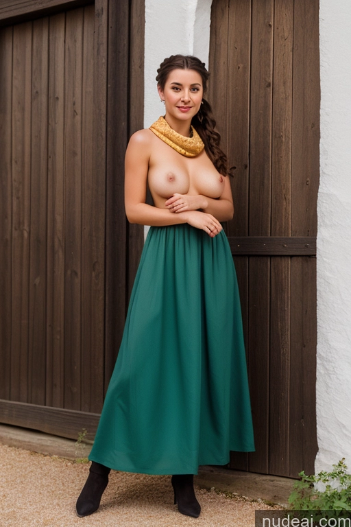 ai nude image of arafed woman in a green dress posing in front of a wooden door pics of Woman Small Tits Pubic Hair Brunette Ponytail British Dark Fantasy Front View Dirndl Dress Long Skirt Medieval Scarf Traditional Partially Nude Topless Bright Lighting 20s