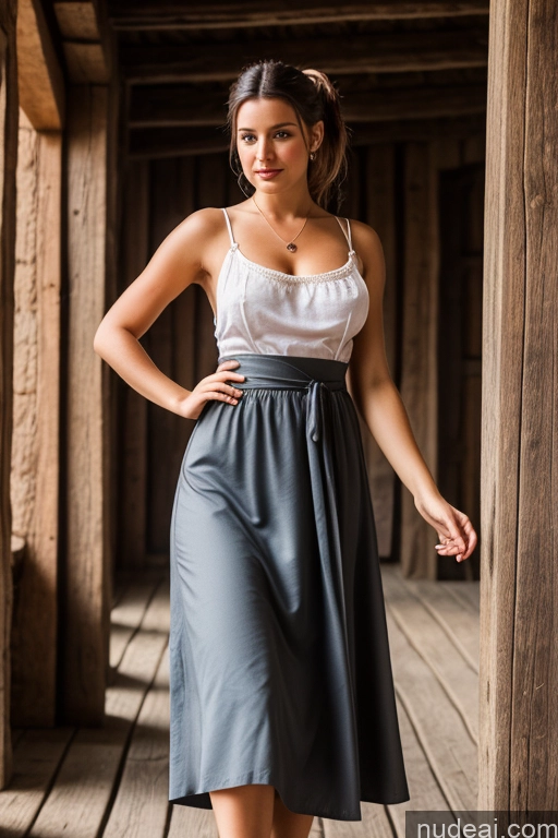 ai nude image of arafed woman in a skirt and white top standing on a wooden porch pics of Woman Small Tits Pubic Hair Brunette Ponytail British Dark Fantasy Front View Dirndl Dress Long Skirt Medieval Scarf Traditional Partially Nude Topless Bright Lighting 20s