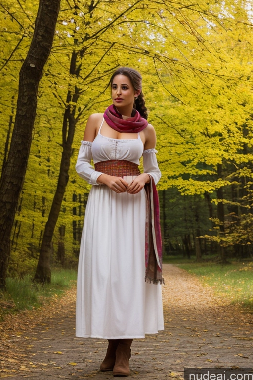 ai nude image of arafed woman in a white dress and a red scarf standing in a forest pics of Woman Small Tits Pubic Hair Brunette Ponytail British Dark Fantasy Front View Dirndl Dress Long Skirt Medieval Scarf Traditional Partially Nude Topless Bright Lighting 20s