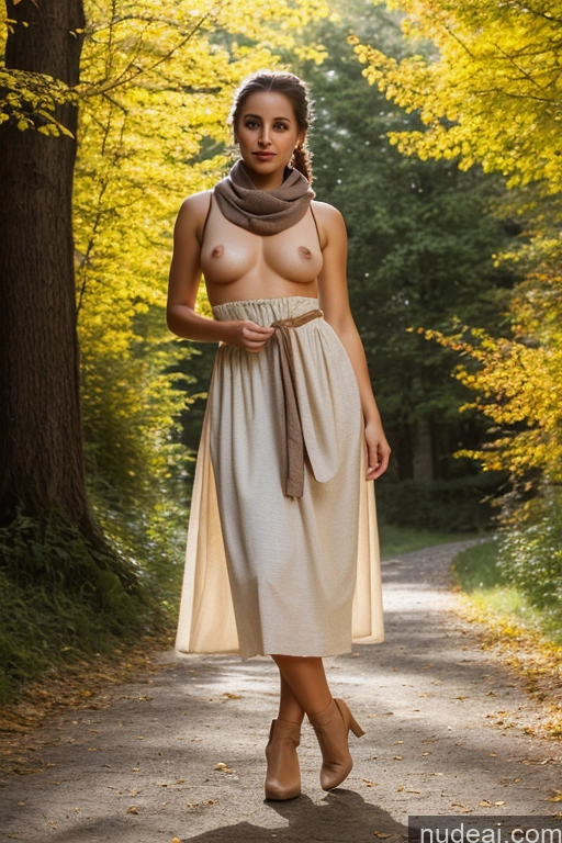 ai nude image of arafed woman in a skirt and scarf walking down a path pics of Woman Small Tits Pubic Hair Brunette Ponytail British Dark Fantasy Front View Dirndl Dress Long Skirt Medieval Scarf Traditional Partially Nude Topless Bright Lighting 20s