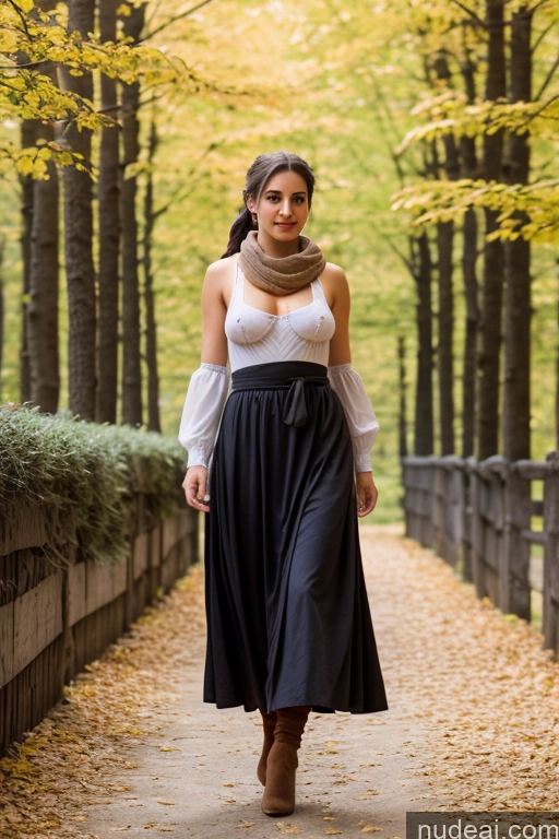 ai nude image of arafed woman walking down a path in a park wearing a scarf pics of Woman Small Tits Pubic Hair Brunette Ponytail British Dark Fantasy Front View Dirndl Dress Long Skirt Medieval Scarf Traditional Partially Nude Topless Bright Lighting 20s