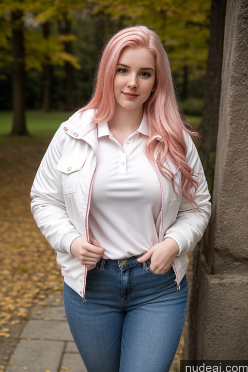 ai nude image of arafed woman with pink hair and white shirt posing for a picture pics of Beautiful Fairer Skin 18 Pink Hair Long Hair White Jacket Jeans Polo Front View Busty Big Ass