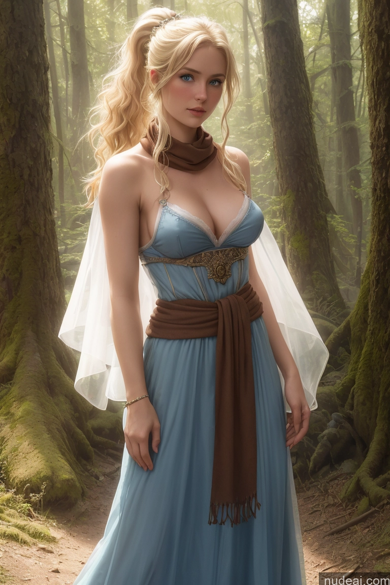 ai nude image of blond woman in blue dress standing in forest with trees pics of Woman Small Tits Pubic Hair Blonde Ponytail Scandinavian Dark Fantasy Dirndl Dress Scarf Medieval Long Skirt Traditional Victorian Tribal Viking Partially Nude Bright Lighting Topless Cleavage Transparent 30s