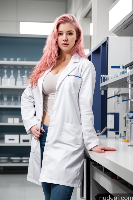 ai nude image of arafed woman in lab coat standing in front of counter with bottles pics of Huge Boobs Beautiful Fairer Skin Big Ass Big Hips 18 Sexy Face Pink Hair Long Hair Front View White Stylish Jeans Lab Coat